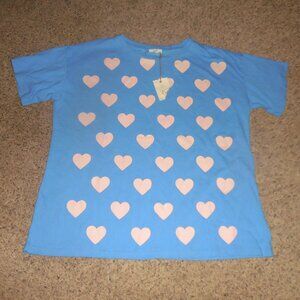 NWT Easel Blue Pink Hearts Valentines Tee Oversized M